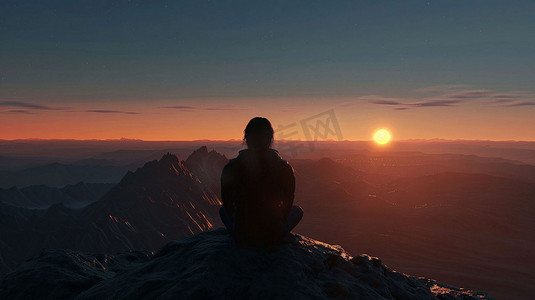 人坐山峰夕阳立体描绘摄影照片