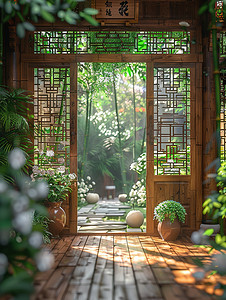 高端新中式展板摄影照片_中式庭院木雕门框高清摄影图