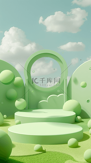 绿色夏天户外可爱卡通3D拱形展台素材