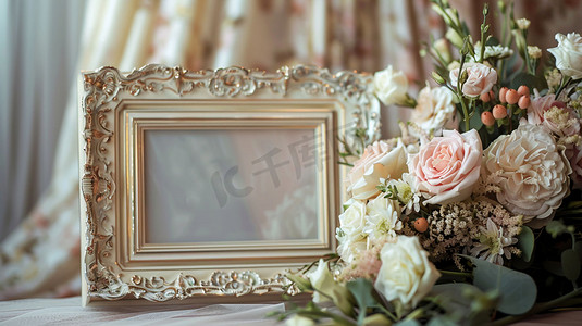 玫瑰婚纱相框立体描绘摄影照片