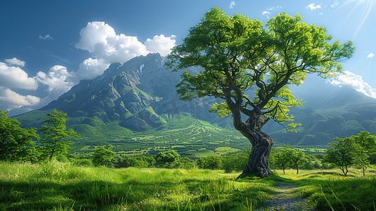 大树铭牌摄影照片_草地绿色的大树夏天摄影配图