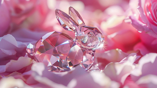 兔子粉色摄影照片_粉色水晶兔子立体描绘摄影照片