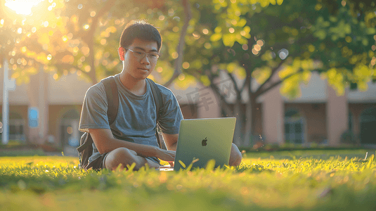 草地上使用电脑的大学生14