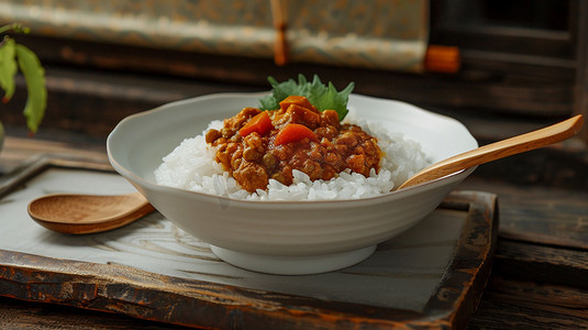 做饭食材摄影照片_咖喱饭食物立体描绘摄影照片