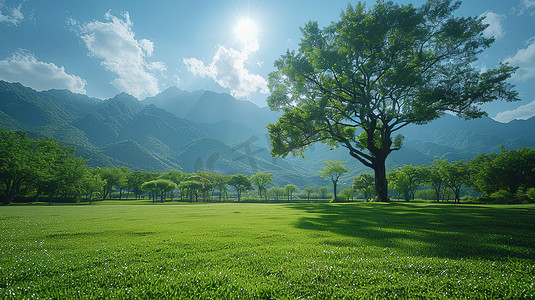 草地小花卡通摄影照片_草地绿色的大树夏天高清摄影图