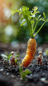 碟子胡萝卜背景图片_创意劳动节微缩景观胡萝卜田地里的农民图片