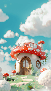 六一背景图片_可爱卡通鲜艳的3D蘑菇屋图片