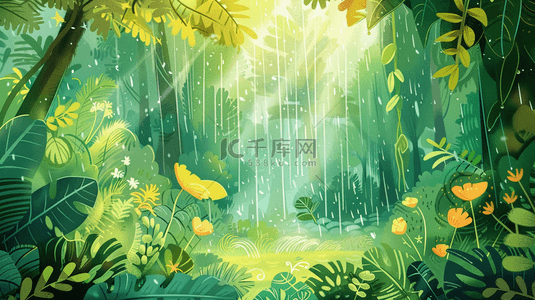 森林光芒背景图片_绿色卡通森林雨季下雨花草风景的背景