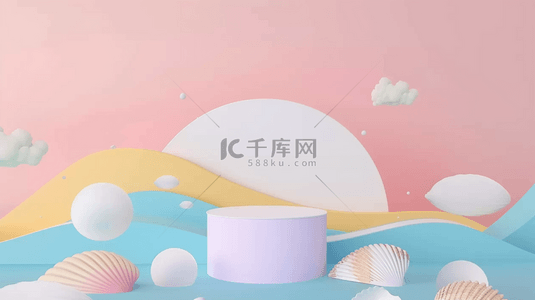 夏天蓝粉清新海滩3D电商展台图片
