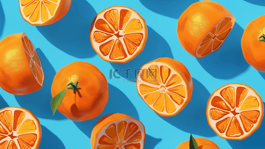 水果背景蓝色背景图片_平面平铺水果橙子树叶的背景