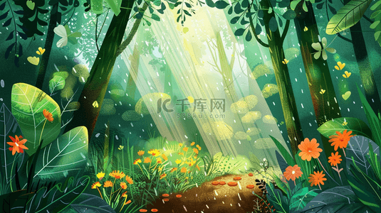 卡通背景下雨背景图片_绿色卡通森林雨季下雨花草风景的背景