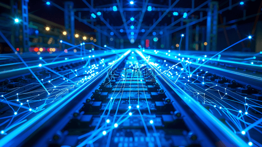深蓝色数据光线汇聚铁路轨道的背景