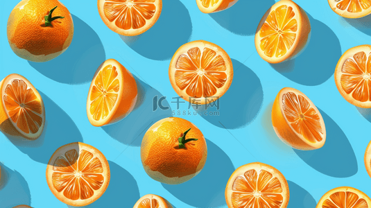 水果背景蓝色背景图片_平面平铺水果橙子树叶的背景
