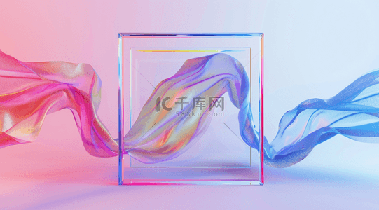 透边框背景图片_彩色3D渲染创意玻璃边框和飘带背景素材