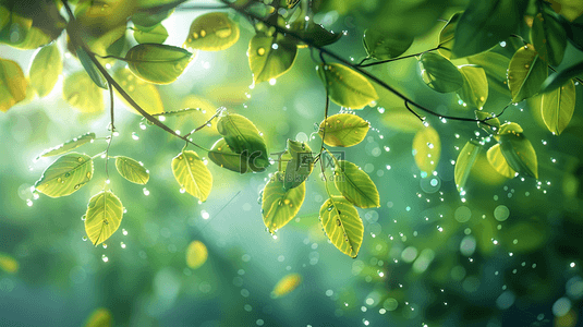 绿色森林里雨季下雨树叶树枝风景的背景