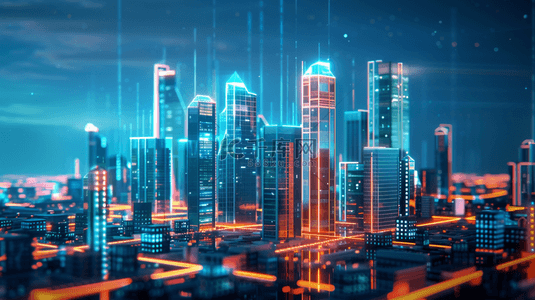 科技城市背景图片_霓虹灯下城市模型光效背景