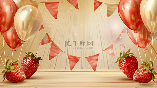 飘带彩旗背景图片_夏季草莓水果装饰背景