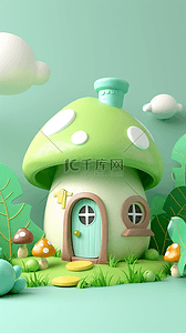 六一儿童节素材背景图片_可爱卡通鲜艳的3D蘑菇屋素材