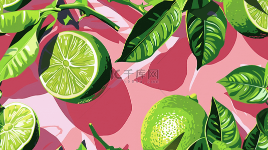 柠檬水果背景图片_粉色场景绿色柠檬水果的背景