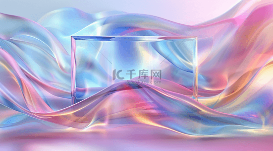 彩色3D渲染创意玻璃边框和飘带设计图