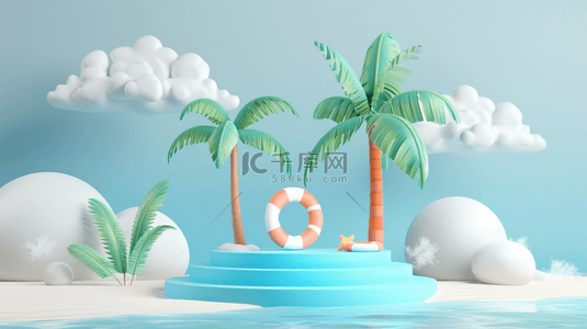 夏天白云椰子树3D电商展台背景图