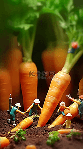 胡萝卜鼻子背景图片_创意劳动节微缩景观胡萝卜田地里的农民图片
