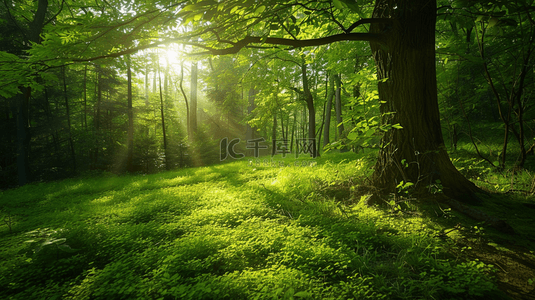 绿色森林阳光光芒照射树叶叶片的背景