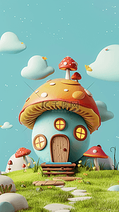 六一背景图片_可爱卡通鲜艳的3D蘑菇屋背景