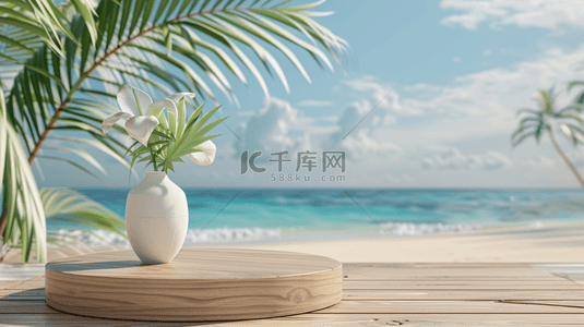 清新简约户外海边木质地板的背景