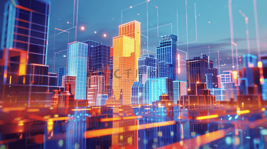 城市科技背景图片_霓虹灯下城市模型光效背景