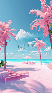 夏日芭比粉假日休闲海滩沙滩场景背景图
