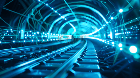 灯光质感背景图片_深蓝色数据光线汇聚铁路轨道的背景