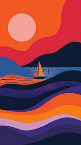 大海波浪背景图片_扁平风夏天大海波浪和帆船背景