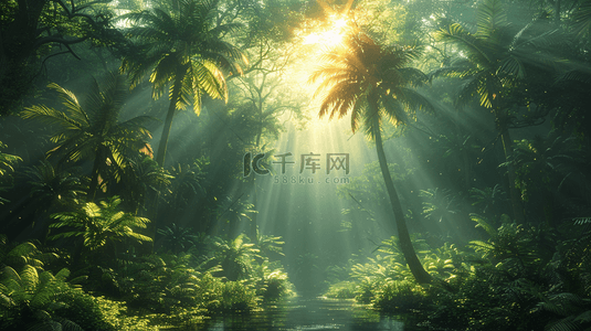 森绿色背景图片_绿色夏季森林中透过的光芒背景
