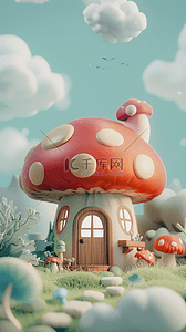 蘑菇卡通图片背景图片_可爱卡通鲜艳的3D蘑菇屋图片