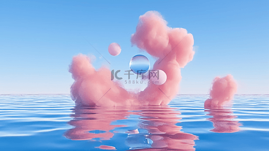 电商设计背景图片_清凉夏天海平面上的粉色云朵电商空镜设计
