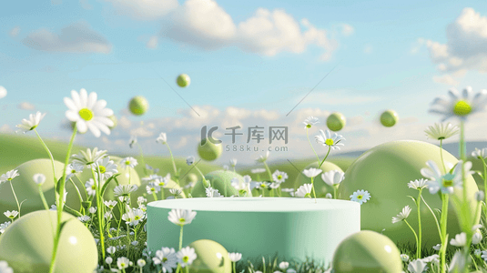 花花背景促销背景图片_春天促销户外绿色草丛3D电商展台背景