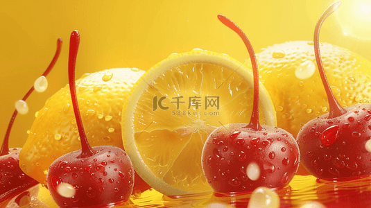 柠檬黄色背景背景图片_水果柠檬樱桃的背景