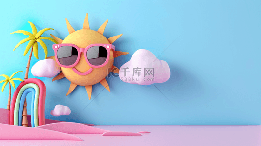 卡通云朵彩虹背景图片_炎炎夏日3D可爱卡通太阳云朵背景