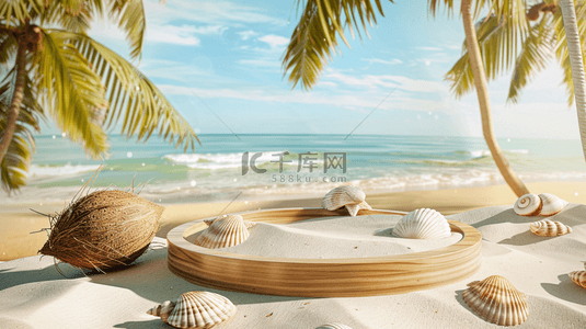 沙滩海景背景图片_海边户外海景树木沙滩海螺的背景