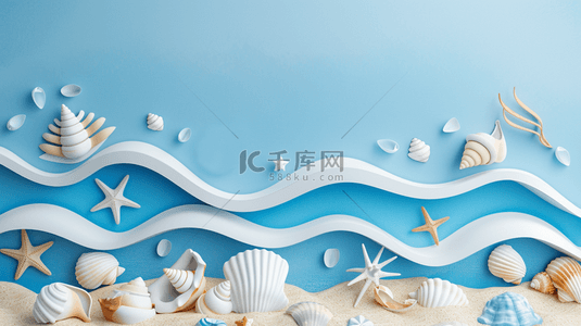沙滩海星背景图片_清新夏天促销场景3D海滩海星波浪背景