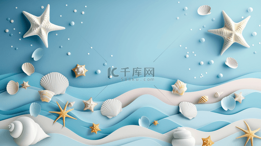 清新夏天促销场景3D海滩海星波浪背景图片