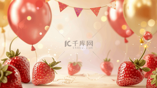 飘带彩旗背景图片_夏季草莓水果装饰背景