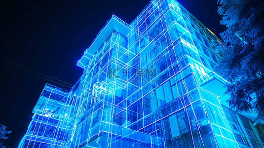蓝色灯光夜晚仰视城市高楼大厦的背景
