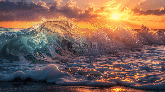 彩色大海里夕阳下海浪翻滚的背景