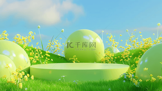 春天促销户外绿色草丛3D电商展台背景图