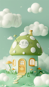 卡通风春天背景图片_可爱卡通鲜艳的3D蘑菇屋背景图