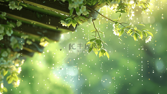 绿色森林里雨季下雨树叶树枝风景的背景