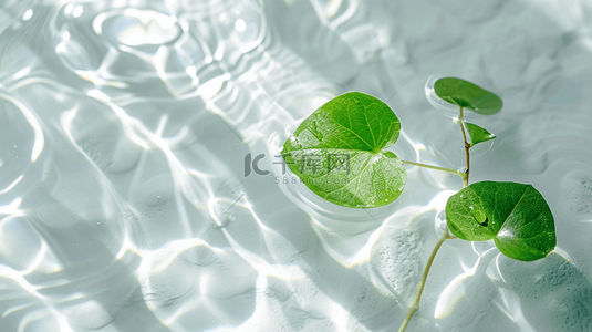 白色水纹水光水里绿色树叶的背景
