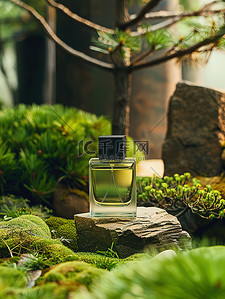 香水背景图片_香水绿色植物岩石素材